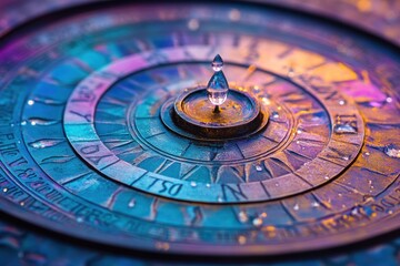 Close-up of a water droplet on a colorful, ornate sundial.