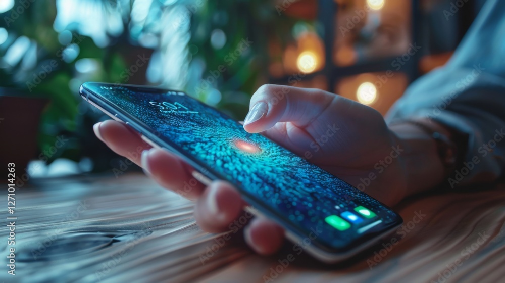 Aufkleber A user interacts with a smartphone displaying a vivid design while seated at a wooden table. The environment features plants and warm lighting, creating a relaxed atmosphere.
