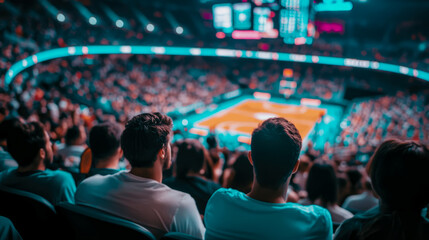 Naklejka premium Game Day Thrill: Fans Watching Basketball Match from Stands, Feeling Excitement and Anticipation