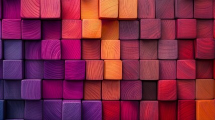 Colorful wooden blocks, gradient pattern, purple and orange hues, geometric shape arrangement, vibrant decor