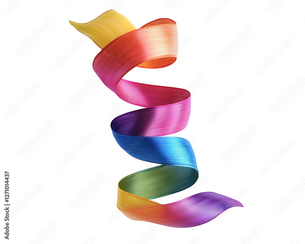 Poster whimsical multi colored ribbon cascading down, creating vibrant spiral effect. flowing design evokes