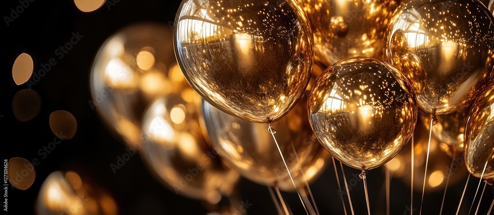 Poster close-up of shiny golden balloons against a dark background with bokeh lights.