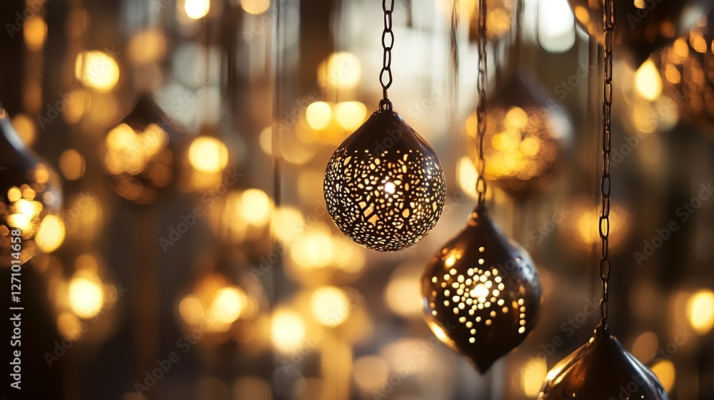 Poster beautifully illuminated decorative lanterns creating a warm ambiance with intricate designs in soft 