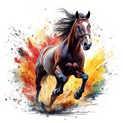 Beautiful brown horse running, a vector watercolor illustration on a white background.