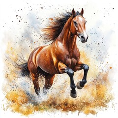 Beautiful brown horse running, a vector watercolor illustration on a white background.