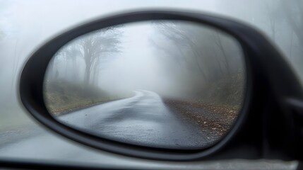 Fototapeta premium A foggy road viewed through a car's side mirror, creating a sense of mystery and solitude
