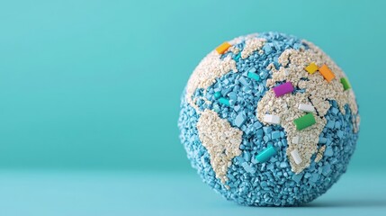 Plastic pollution concept. Colorful globe made of recycled materials, symbolizing sustainability and environmental care.