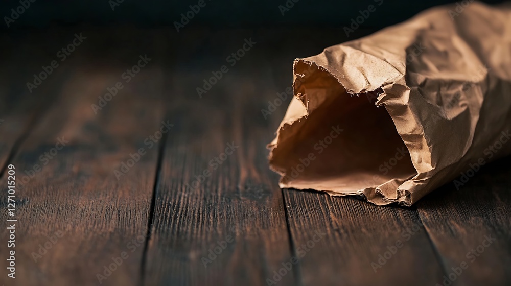 Leinwandbilder crumpled brown paper bag resting on a rustic wooden surface with a blurred background : generative a