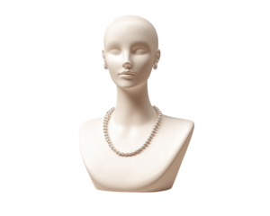 Elegant mannequin bust for jewelry display featuring pearl necklace and earrings. Ideal for showcasing accessories in retail or personal collections
