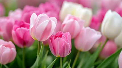 Obraz premium Beautiful arrangement of pink and white tulips in full bloom capturing the essence of spring : Generative AI