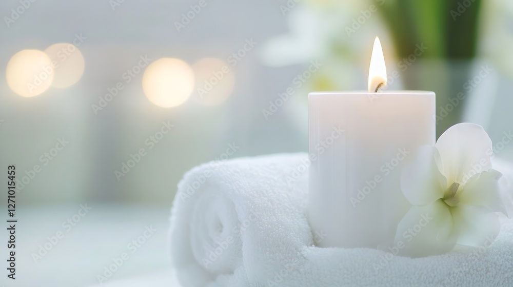 Poster serene scene of a lit white candle placed on a soft towel with a blurred background : generative ai