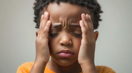 Fototapeta premium Touching Temples: African American Boy Experiencing Headache, Discomfort, and Anxiety