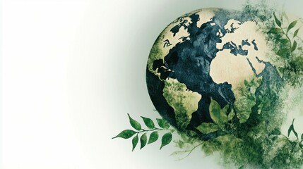A beautifully illustrated world globe surrounded by green foliage, symbolizing environmental awareness and sustainability, perfect for eco conscious themes and projects
