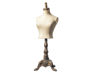 vintage dress form with linen covered torso and ornate wooden base, perfect for tailoring and display. This elegant piece adds charm to any sewing room or boutique