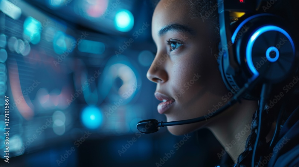 Poster a gamer deeply concentrated on gameplay, wearing a headset and staring intently at multiple screens 