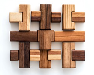 Minimalist natural wood puzzle blocks arranged in a creative pattern on white