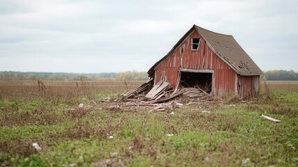 Obraz premium Collapsed barn in a rural field after a violent tornado, shards of wood and mangled metal strewn throughout the scenery.