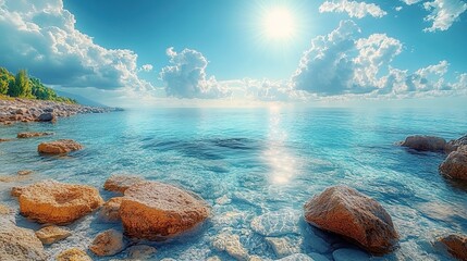 Beautiful summer seascape with rocks and a blue sky. Sunny day, with the sun shining on the water. Wide-angle lens natural landscape background.
