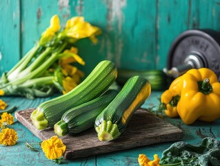Fresh green zucchini, yellow bell pepper, celery, and weights on rustic wood.