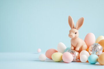 Easter celebration with chocolate rabbit and colored eggs for festive decor