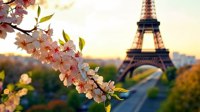 Eiffel Tower against the background of blooming flowers. Selective focus. Nature.