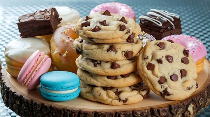 Chocolate chip cookies stacks assorted baked sweets perfect for snacks