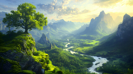 Obraz premium Solitary green tree stands on a rocky cliff overlooking a winding river flowing through a sunlit mountain valley.
