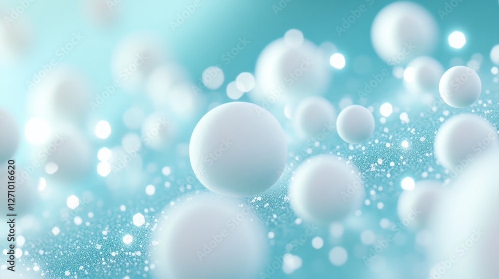 Poster abstract background with floating white spheres on a teal surface with bokeh lights.