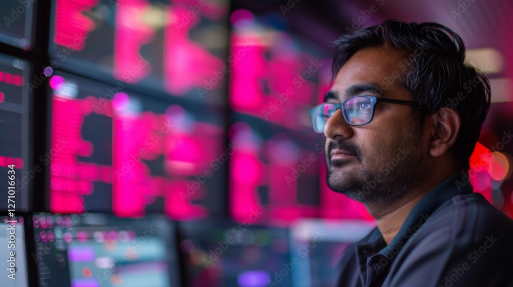 Poster a professional in glasses concentrates on various screens filled with colorful data during a late ni