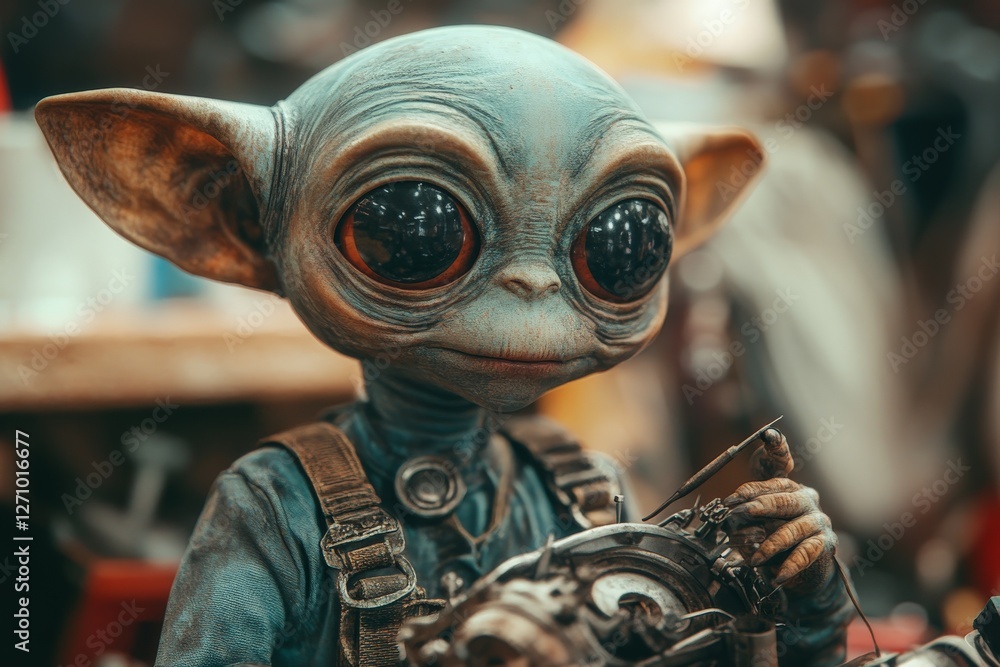 Poster alien creature works with intricate gadget in a busy workshop during daylight hours