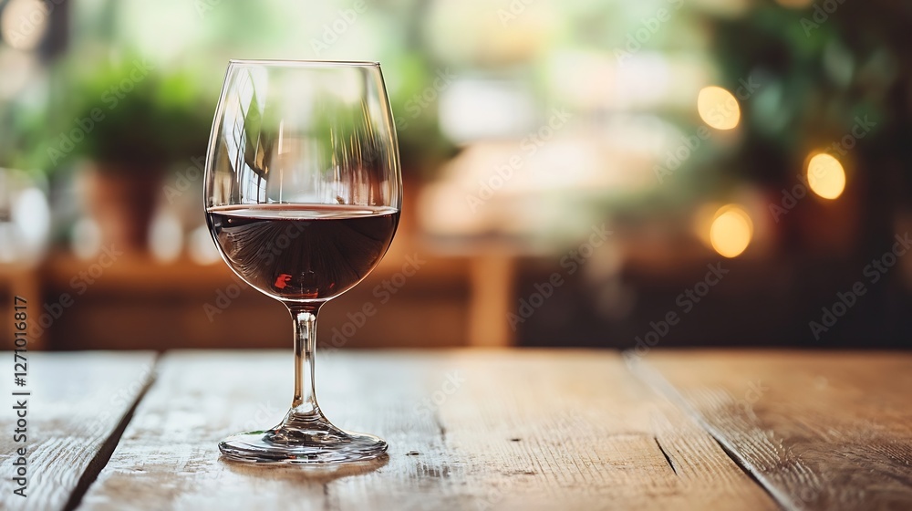 Poster Elegant glass of red wine resting on a wooden table surrounded by a soft lit background : Generative AI