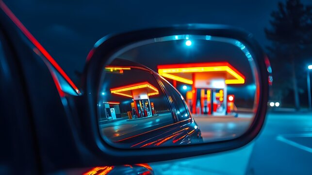 Nighttime view of a gas station illuminated with vibrant neon lights reflected in a car mirror