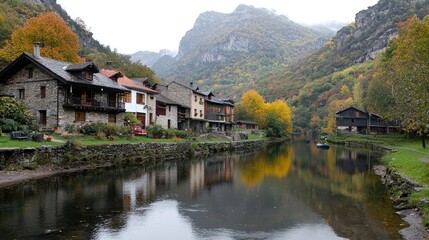 Obraz premium Autumnal village river reflection, mountain backdrop, peaceful scene, travel poster