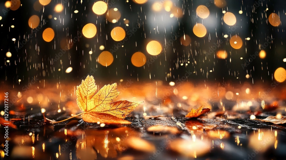 Poster golden autumn leaf on wet surface with raindrops and bokeh lights