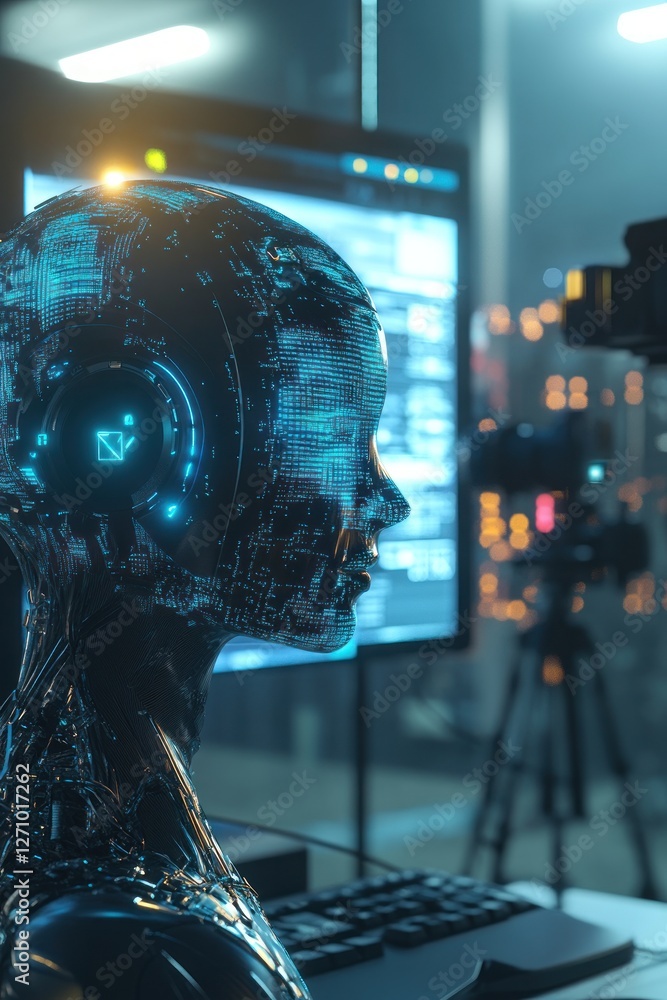 Poster futuristic robot with headphones engaged in data analysis in a high-tech workspace