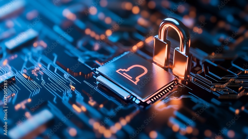 Poster Close up of a modern computer circuit board with padlock signifying online security and digital protection : Generative AI