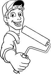A painter decorator handyman cartoon construction man mascot character holding a paint roller tool