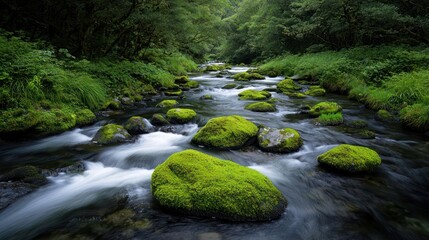 Obraz premium Lush Green Mossy Rocks in a Flowing Stream