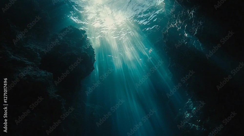 Poster beneath the surface, brilliant sunlight streams through the water, casting shimmering light on ancie