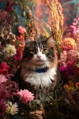 Majestic Maine Coon cat nestled amongst vibrant autumn flowers, showcasing its fluffy fur and captivating gaze.