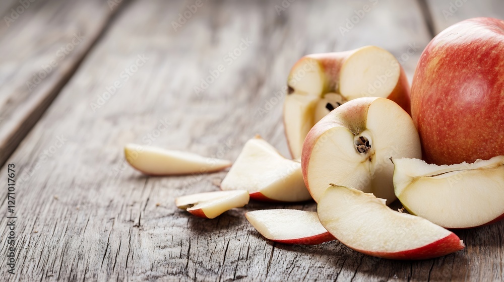 Poster freshly picked red apples on a rustic wooden surface with sliced pieces showcasing juicy interior : 