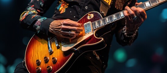Close-up of a musician's hands playing a sunburst electric guitar on a dark stage.