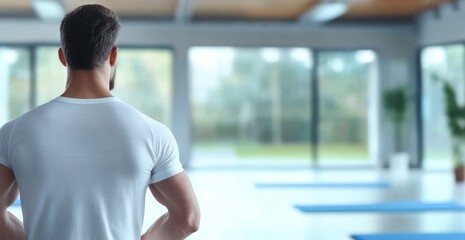A focused man dressed in a white shirt practicing yoga in a bright and tranquil yoga studio filled with natural light promoting inner peace and wellness
