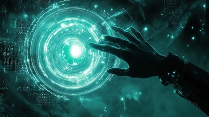 A hand reaches towards a glowing teal digital interface.