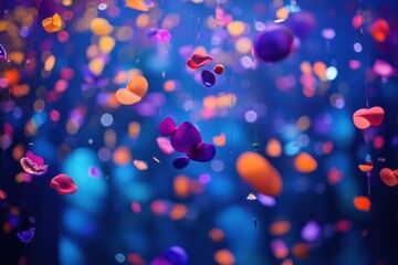 Vibrant colorful petals falling on a dark blue background with bokeh effect.