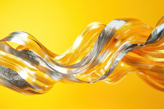 Abstract gold and silver ribbons swirling on yellow background.