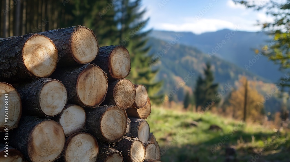 Aufkleber Rustic piled logs in a forest scene against a backdrop of mountains and blue sky : Generative AI