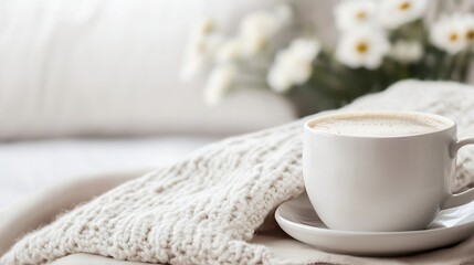 Cozy cup of coffee resting on a knitted blanket with flowers in the background : Generative AI