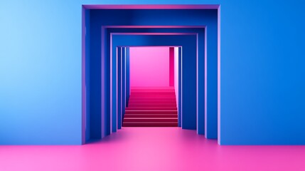 Abstract pink and blue hallway with stairs.
