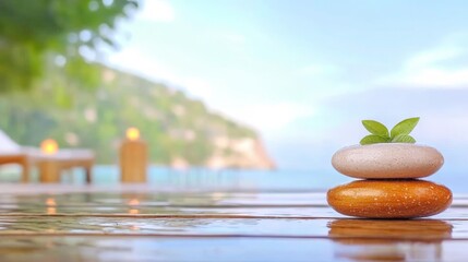 A Tranquil Scene Featuring a Small Smooth Stone Adorned with a Green Leaf Set Against a Soft Natural Background Evoking Calmness and Simplicity